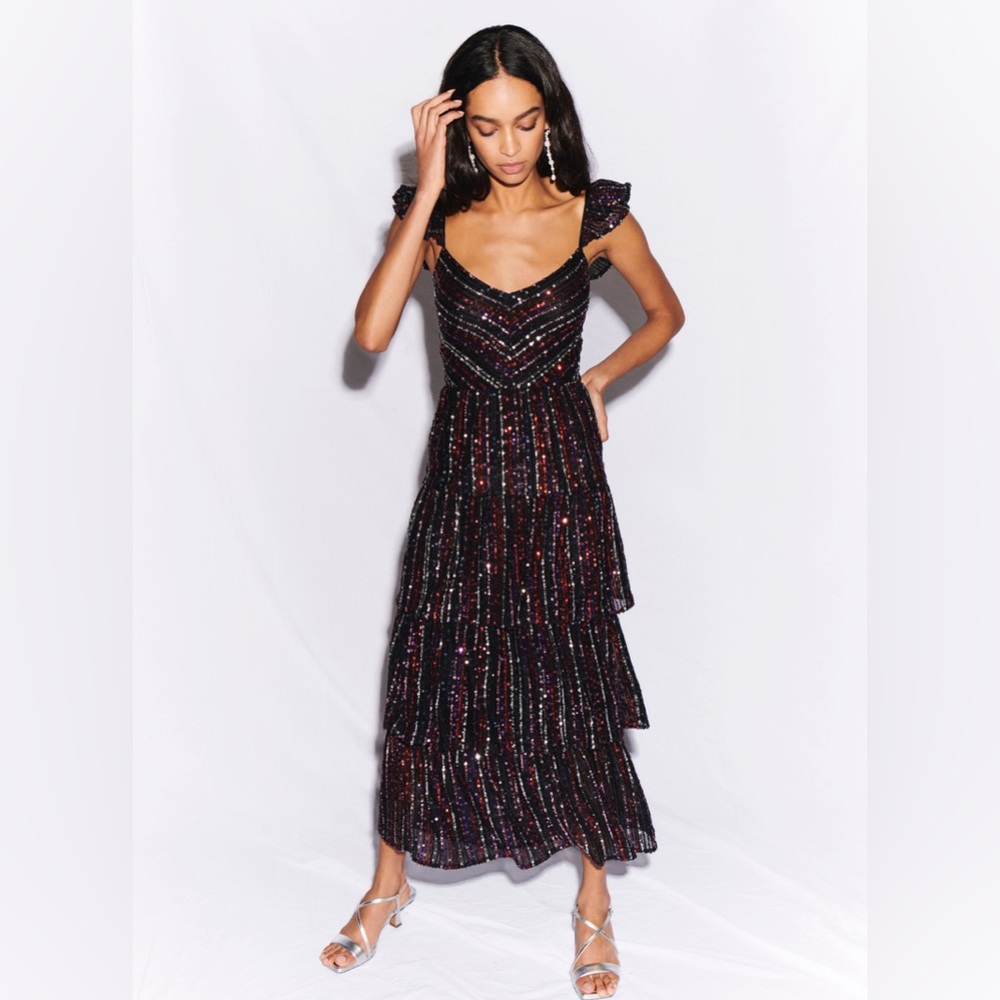 SAYLOR Black and Red Striped Midi Dress
